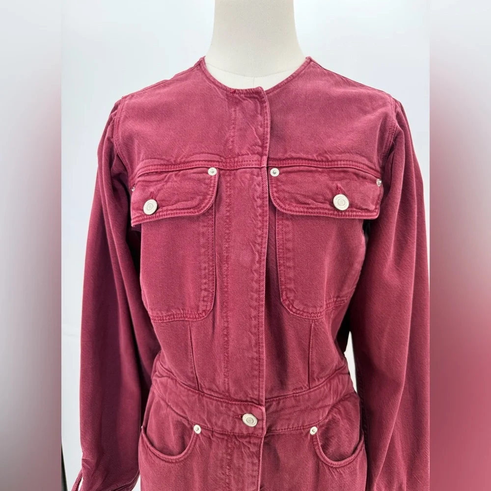 Zara The 80s Devon Burgundy Jumpsuit Long Sleeve Utility Romper Button Front - Picture 6 of 16